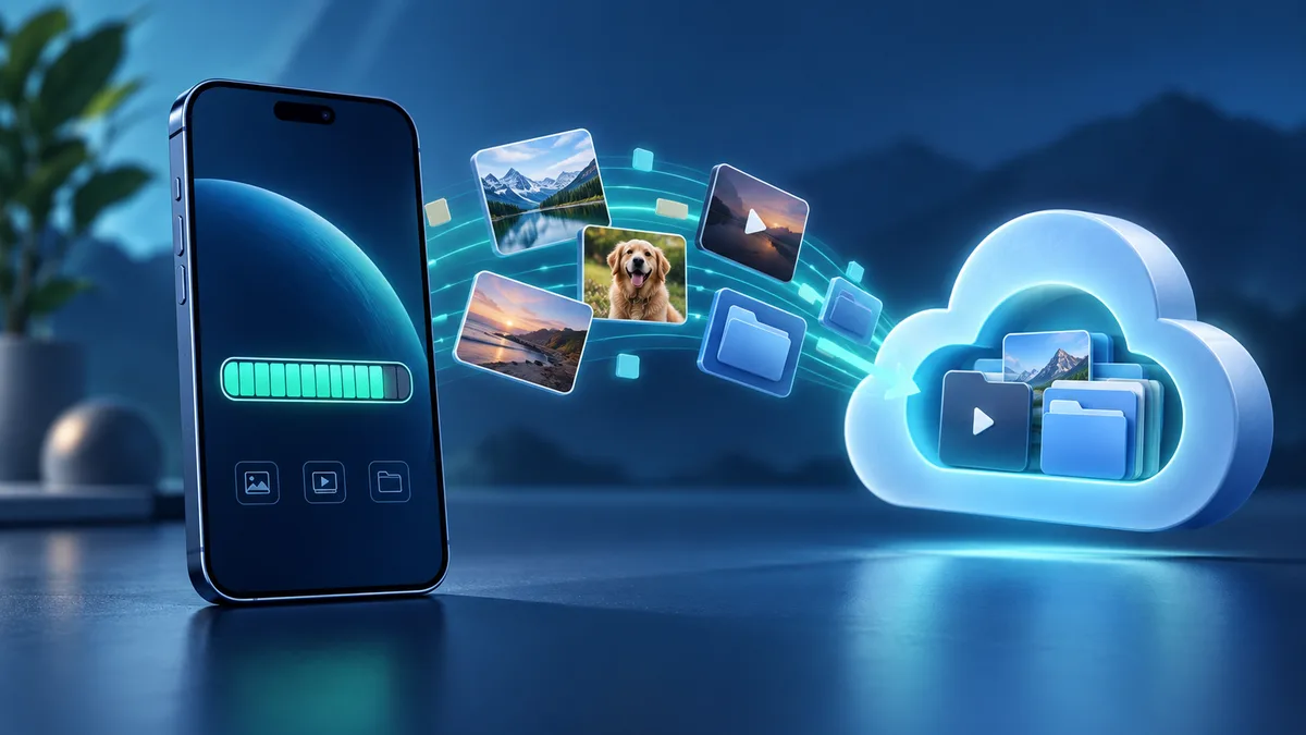 Telefon depolamasındaki fotoğraf ve dosyaların buluta yedeklenmesini gösteren temsili illüstrasyon