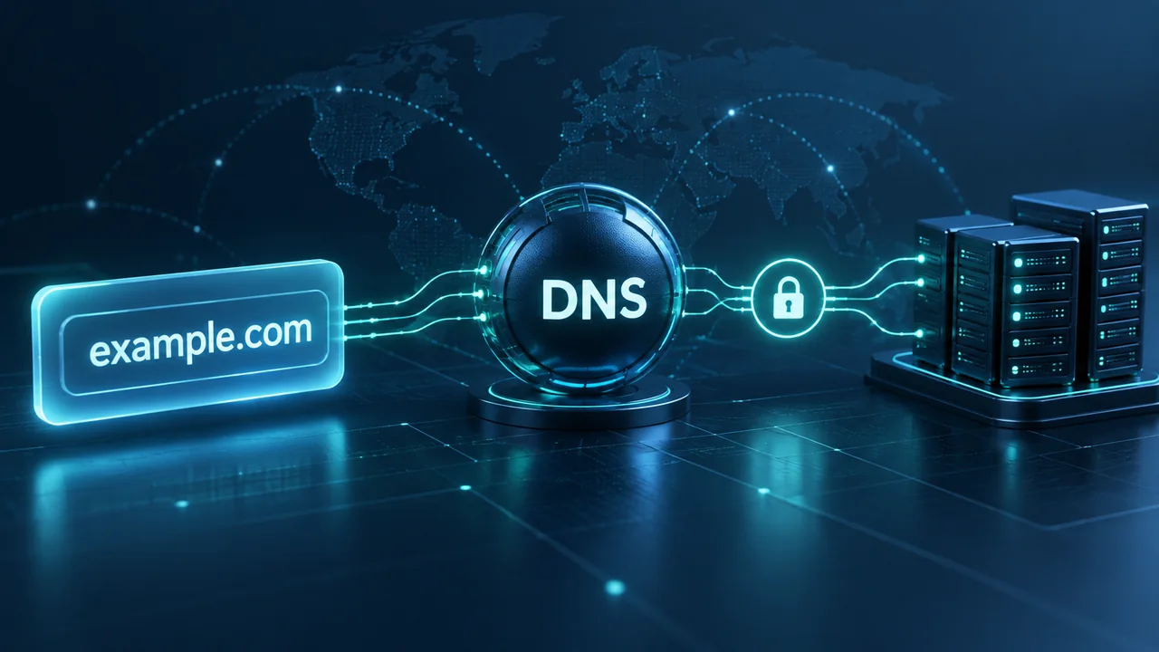 DNS üzerinden alan adını sunuculara bağlayan güvenli ağ bağlantısının görsel anlatımı