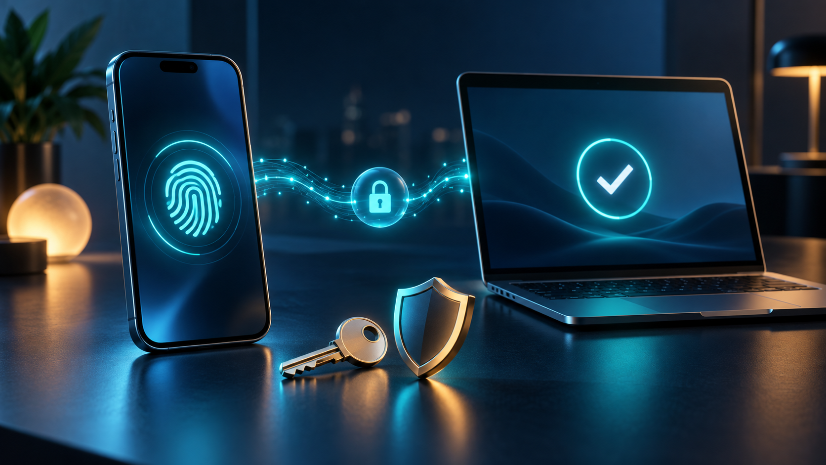 Passkey ile şifresiz girişi temsil eden parmak izi simgeli telefon ve onay işaretli bilgisayar