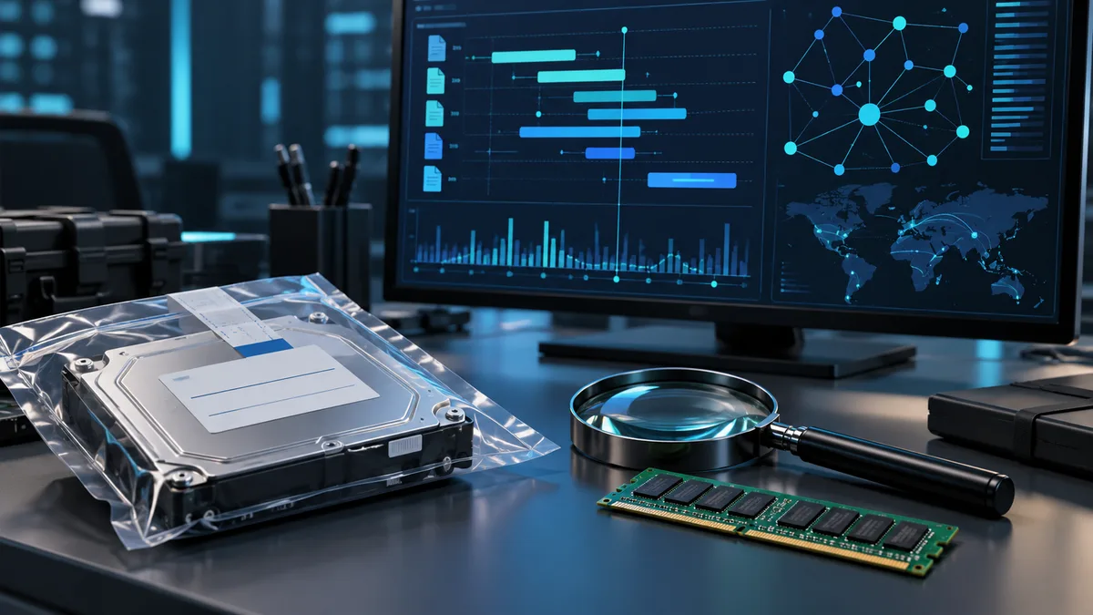 Adli bilişim laboratuvarında disk, RAM ve analiz ekranını gösteren temsili görsel