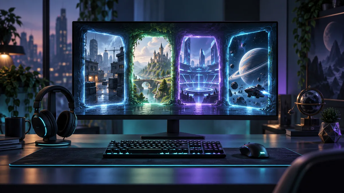 Ücretsiz Steam oyunları rehberi için farklı oyun dünyalarını gösteren temsili oyuncu masası