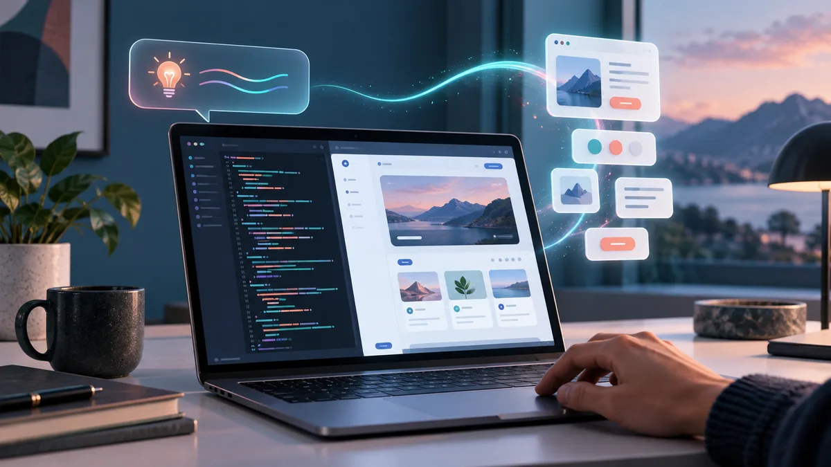 Vibe coding ile fikrin uygulamaya dönüşmesini temsil eden dizüstü bilgisayar, kod ekranı ve arayüz bileşenleri