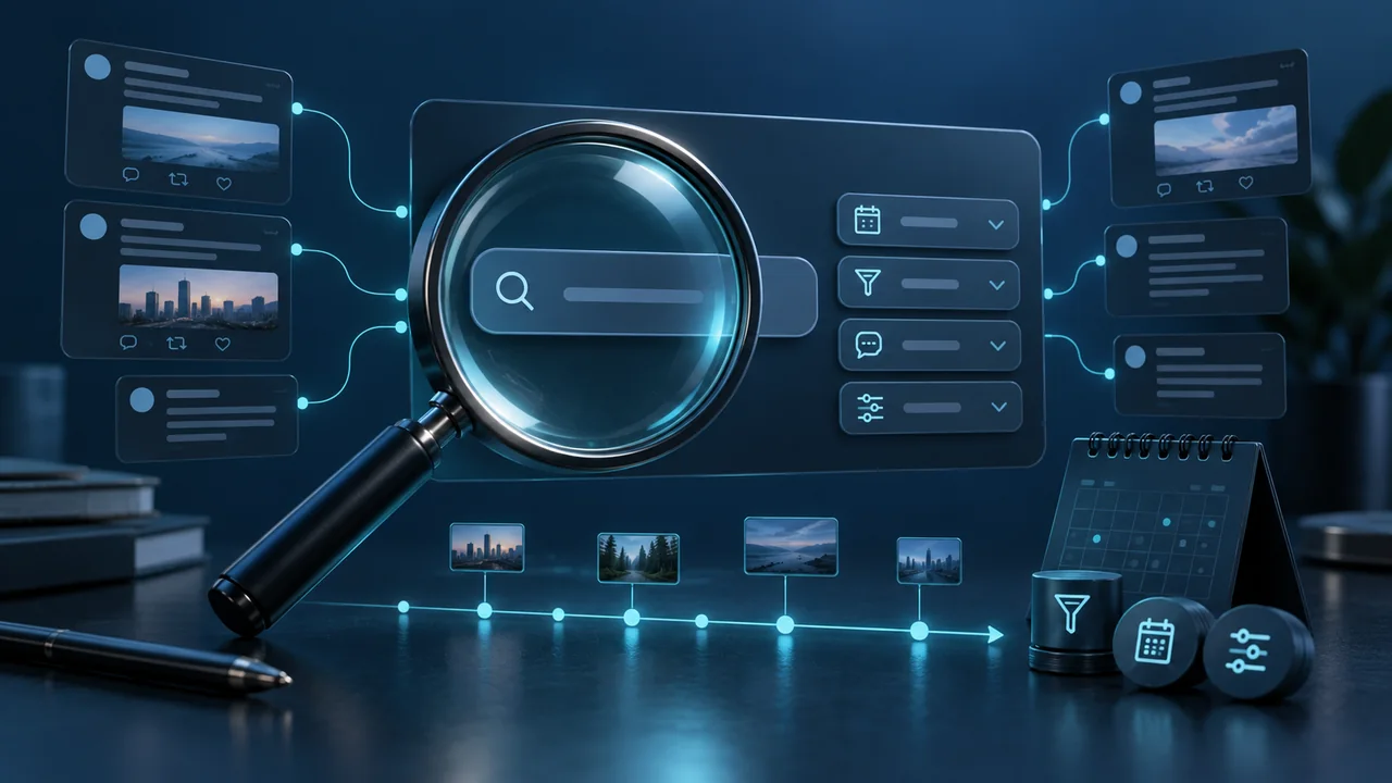 X gelişmiş arama ve OSINT araştırmasını temsil eden büyüteç, tarih filtreleri ve paylaşım kartları