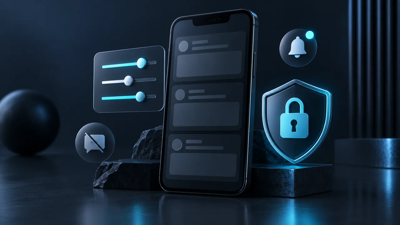 X gelişmiş ayarlar rehberini temsil eden telefon, gizlilik kalkanı ve bildirim ayarları