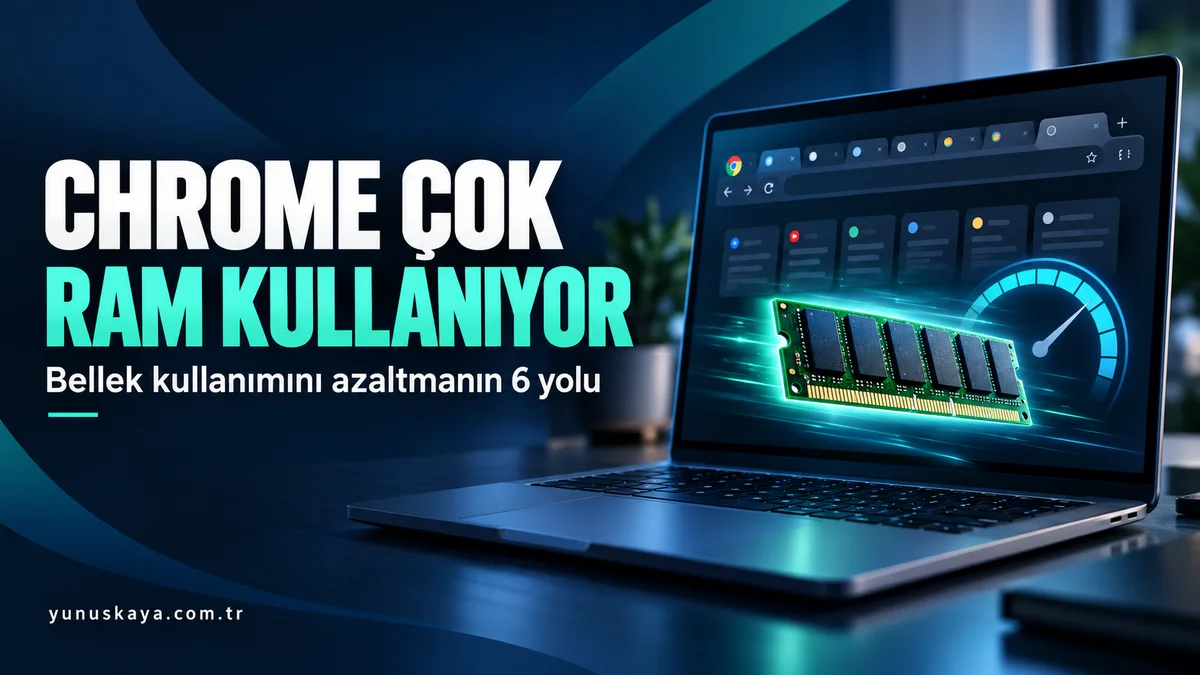 Chrome çok RAM kullanıyor başlıklı, dizüstü bilgisayar ve RAM modülü içeren bellek kullanımı rehberi kapağı