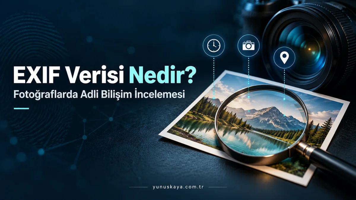 EXIF verisi nedir: fotoğraf, büyüteç, kamera ve zaman simgeleriyle adli bilişim incelemesi