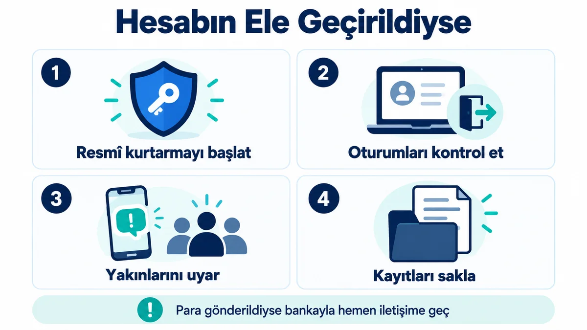Hesap çalındığında: resmî kurtarmayı başlat, oturumları kontrol et, yakınlarını uyar ve kayıtları sakla