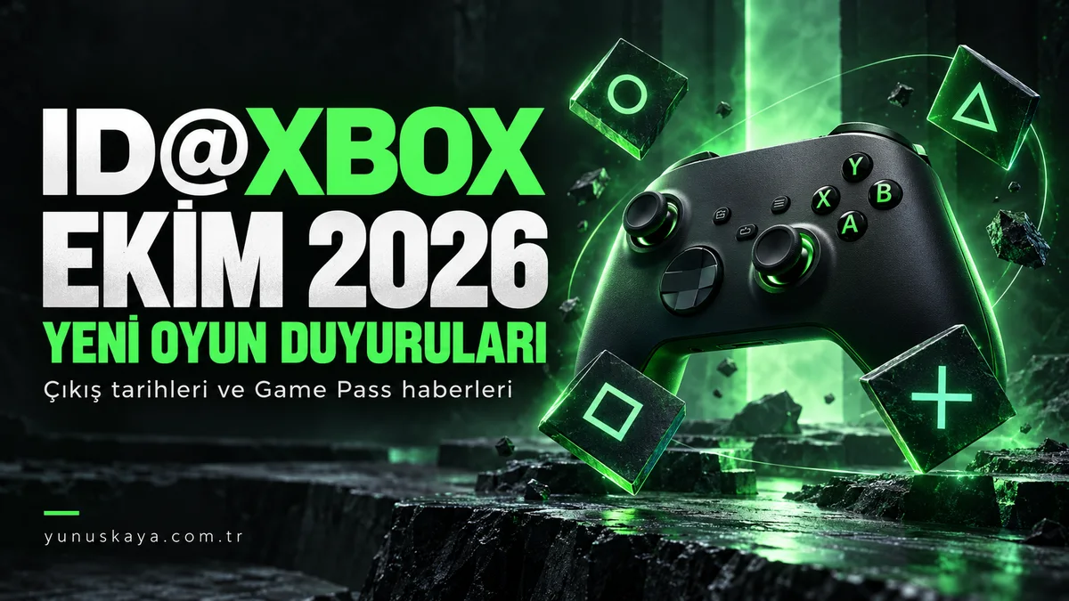 ID@Xbox Ekim 2026 yeni oyun duyuruları başlıklı, yeşil ışıklı oyun kumandası içeren temsili kapak