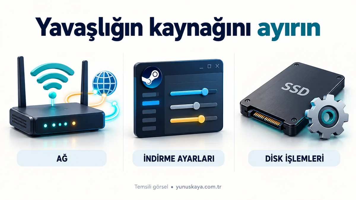 Steam indirme hızı düşük olduğunda ağ, indirme ayarları ve disk işlemlerini ayrı kontrol edin