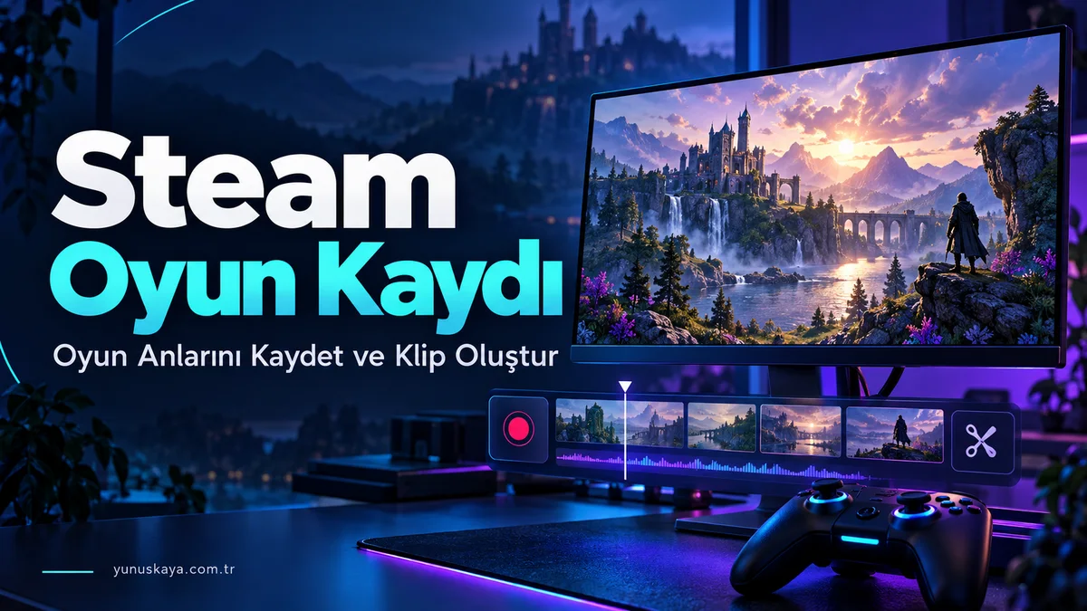 Steam oyun kaydı için oyun ekranı, kayıt simgesi ve video zaman çizelgesini gösteren temsili görsel.