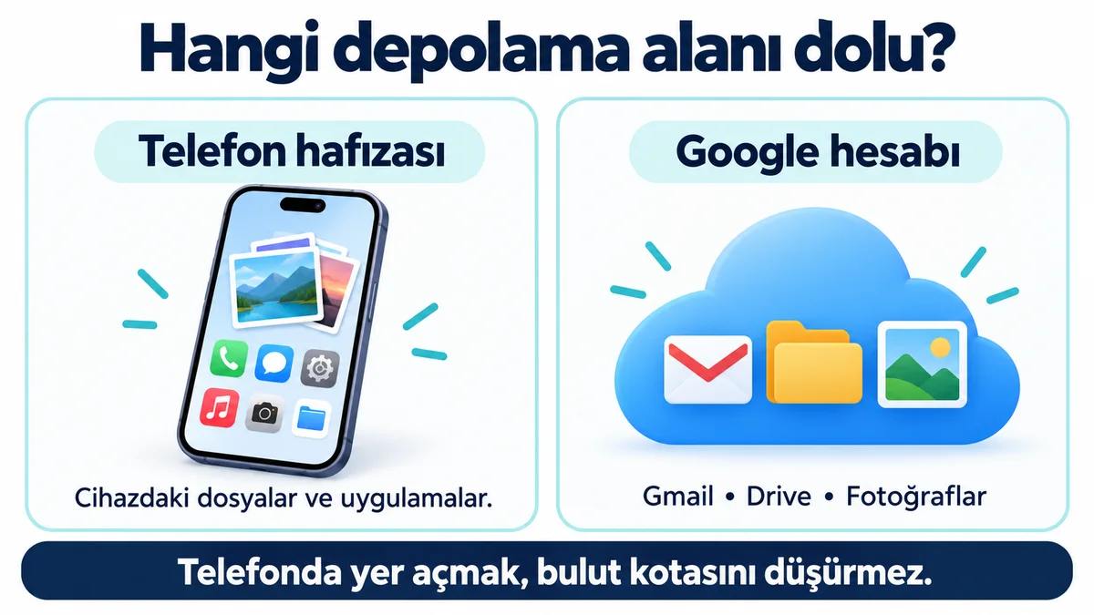 Telefon hafızası ile Gmail, Drive ve Fotoğraflar tarafından paylaşılan Google depolama alanının farkı