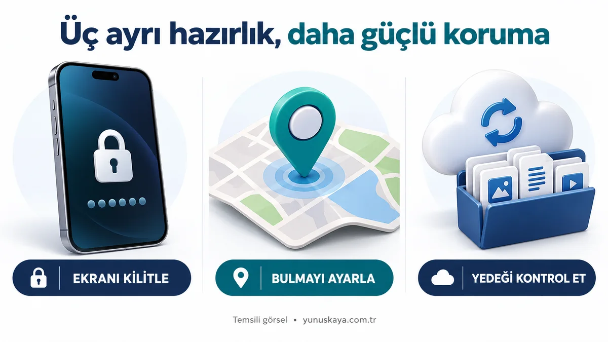 Telefon kaybolmadan önce ekranı kilitleme, cihaz bulmayı ayarlama ve yedek kontrolü