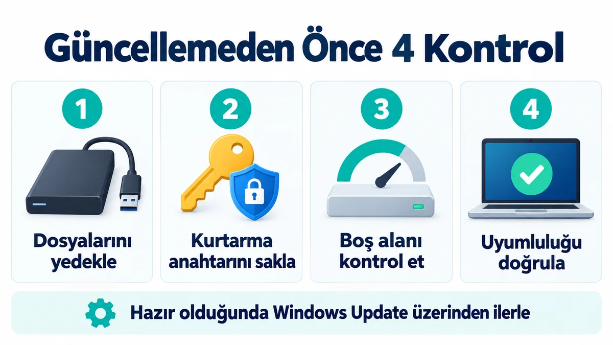 Windows güncellemesi öncesinde dosyaları yedekleme, kurtarma anahtarını saklama, boş alan ve uyumluluk kontrolü