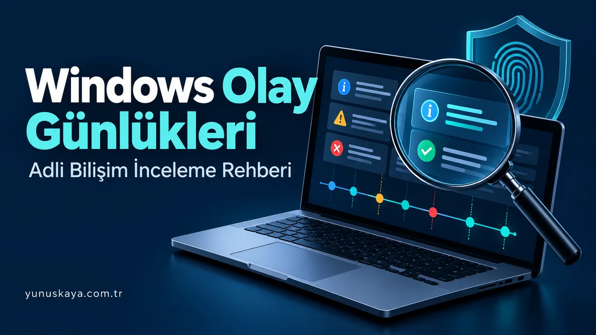 Windows olay günlükleri üzerinde büyüteç ve zaman çizelgesiyle adli bilişim incelemesini anlatan temsili görsel.